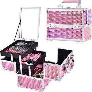 Joligrace Makeup Train Case Cosmetic Box Portable Makeup 2 Trays Mirror Locking